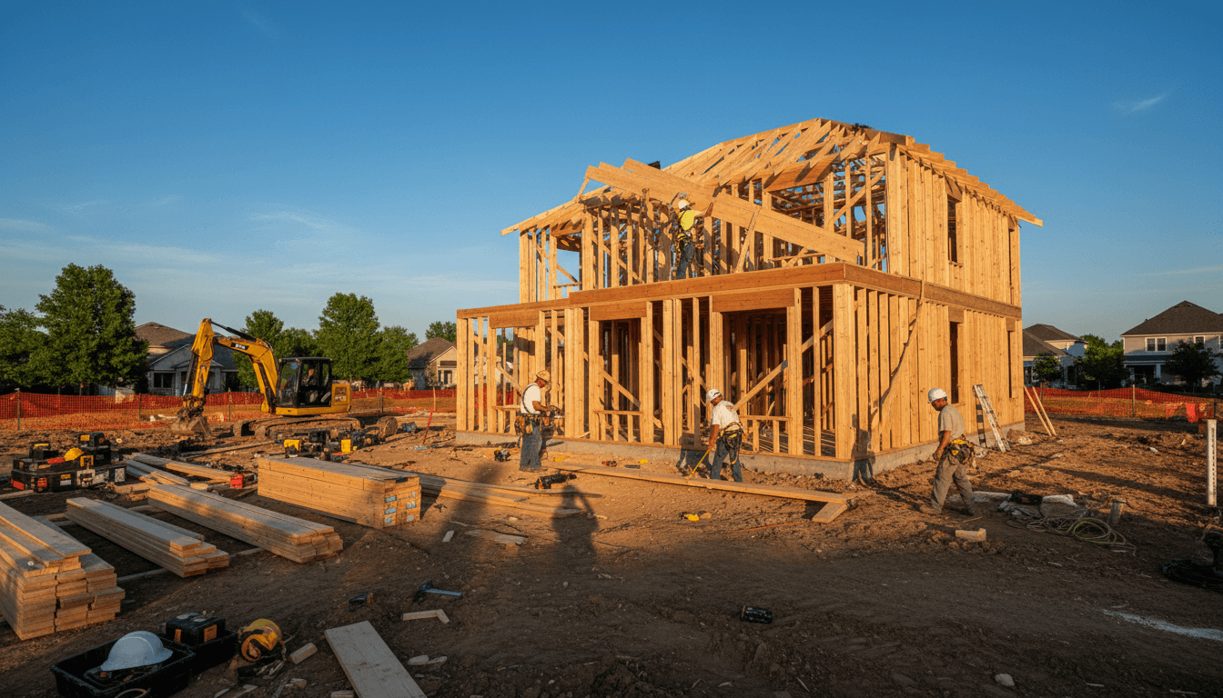 Construction crew framing two-story residential home during golden hour with visible project progress and building materials Construction crew framing two-story residential home during golden hour with visible project progress and building materials